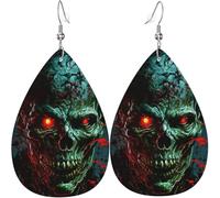 Orecchini a goccia in pelle, leggeri, pendenti, per donna - Teschio, fantasma, zombi, testa, occhi rossi, freddi, bianchi