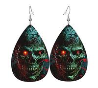 Orecchini a goccia in pelle, leggeri, pendenti, per donna - Teschio, fantasma, zombi, testa, occhi rossi, freddi, bianchi