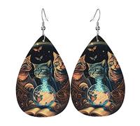 Orecchini a goccia in pelle, orecchini pendenti leggeri per donna - Retro Magic Cats Cool Cat, bianco