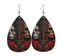 Orecchini a goccia in pelle, orecchini pendenti leggeri per donna - Teschi amanti Giorno dei morti rose rosse, bianco
