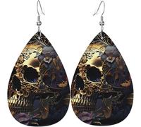 Orecchini a goccia in pelle, orecchini pendenti leggeri per donna - Teschio floreale oro morte, bianco