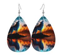 Orecchini a goccia in pelle, orecchini pendenti leggeri per donna - Wolf Howling Night Moon River, bianco