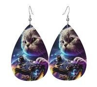 Orecchini a goccia in pelle, orecchini pendenti leggeri per le donne - Cat Play Games Galaxy Funny, bianco