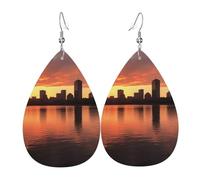 Orecchini a goccia in pelle per donne, Boston Charles River City Skyline tramonto leggeri orecchini pendenti gioielli alla moda regali per donne signore