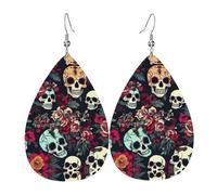 Orecchini a goccia in pelle stampati con teschi floreali colorati, accessorio alla moda per feste e feste