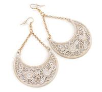 Orecchini a lampadario a mezzaluna in pizzo bianco, color oro, 85 mm di lunghezza