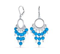 Orecchini a lampadario con perline e nappine frangiate in stile etnico indiano boho con turchese blu per donne e adolescenti in argento sterling .925 con chiusura a leva.