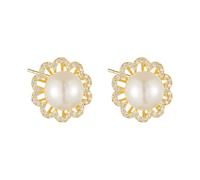 Orecchini a lobo con fiori di perle in oro-Accenti di zircone scintillanti, eleganti gioielli a fiori per Wom, orecchini s925