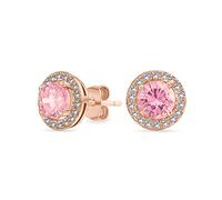 Orecchini a lobo con zirconi cubici simulati morganite rosa a forma di halo e solitario rotondo, placcati in oro rosa su argento sterling .925, 8MM
