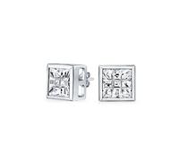 Orecchini a lobo per uomo con taglio invisibile a scacchiera, incastonatura a castone, AAA CZ Cubic Zirconia quadrato geometrico, in argento sterling .925, 6 MM