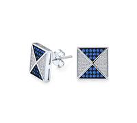 Orecchini a lobo quadrati a piramide geometrica con micro pavé di zirconi cubici blu e bianchi per uomo in argento sterling .925 11MM