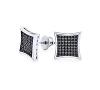 Orecchini a lobo quadrati neri a forma di aquilone con pavé di zirconi cubici per uomo e donna in argento .925 con chiusura a vite 7MM
