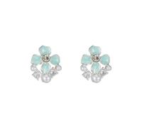 Orecchini a longuette con fiori color argento, orecchini floreali con accenti di perle e CZ trasparenti, Eleganti gioielli alla moda da donna