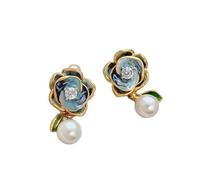 Orecchini a lume di fiori in oro rosa da donna con fiori blu orecchini a lima con perla bianca, oro rosa, orecchini pendenti con pendenti a goccia, gioielli regalo per la festa di compleanno