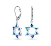 Orecchini A Pendente Con Leva Star Of David Magen Hanukkah Religiosi In Opale Blu Creati Per Donne E Ragazze Per Bat Mitzvah .925 In Argento Sterling