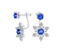 Orecchini a perno a fiocco di neve davanti e dietro con giacche per orecchie CZ 2 in 1, simulato zaffiro blu, inverno bianco congelato per festa natalizia, argento sterling .925