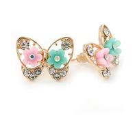 Orecchini a perno a forma di farfalla, placcati in oro, con cristalli e fiori rosa/foglia di tè, larghezza 20 mm