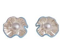 Orecchini a perno a forma di fiore in filo d'argento con perla centrale e bordo in perline blu - Gioielli artigianali