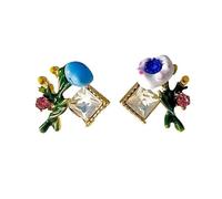 Orecchini a perno asimmetrici floreali dorati da donna, gioielli smaltati da giardino delle fiabe, set di orecchini colorati non corrispondenti per feste