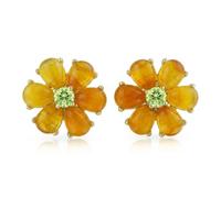 Orecchini A Perno Con Fiore In Giada Gialla Cz Verde Giardino Per Donne In Argento Sterling Placcato Oro 14K