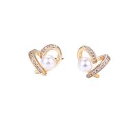 Orecchini a perno con perla e cuore aperto intrecciato da donna, in tonalità oro, impreziositi da strass pavé, dalla forma a cuore cava, gioiello minimalista ed elegante