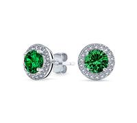 Orecchini a perno con zirconi cubici simulati smeraldo verde a halo rotondo da 2CT per donna in argento sterling .925