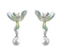 Orecchini a perno da donna a forma di orchidea dipinta con smalto sfumato, con decorazione in perle di vetro, ago in rame placcato argento anallergico, gioielli eleganti e delicati