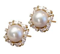 Orecchini a perno in lega d'oro, perle bianche rotonde con design a fiore di zircone, gioielli eleganti e senza tempo per matrimoni e molto altro ancora