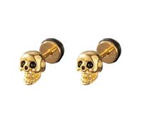 Orecchini a perno in stile vintage, 16 g, con teschio gotico piatto, con chiusura a vite, per donne e uomini, in acciaio inox color oro, stile punk rock, idea regalo alternativa per Halloween