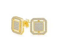Orecchini a perno per uomo con doppia scatola quadrata arrotondata geometrica e pavé di zirconi cubici CZ placcati in oro 14K in argento sterling .925