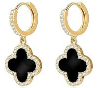 Orecchini a quadrifoglio, orecchini a cerchio pendenti in oro, delicati orecchini pendenti a goccia per donna (Black,One Size)