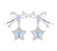 Orecchini a stella blu con fiocco, design pendente, cristallo zirconia, ago in argento, materiale in lega, con scatola portaoggetti, da donna, lunghezza 2,5 cm