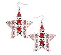 Orecchini a stella in pelle bianca alla moda per le donne - Gioielli pendenti ucraini con stampa di rose ricamate, bomboniere, semplici ciondoli a cerchio, One Size, Pelle, Nessuna pietra preziosa