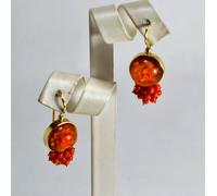 ORECCHINI ARGENTO 925 DORATO AMBRA 14 mm CIUFFO CORALLO ROSSO 3,5 mm AGHT 0979