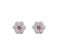 Orecchini Bebe-Bambina Oro bianco 18 carati (18K) Fiore Zirconia e rubino sintetico Glitter - Certificato Garanzia - Mondepetit - 3055