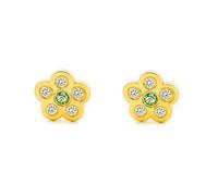 Orecchini Bebe-Bambina Oro Giallo 18 Kt (18K) Fiore Margherita Zircone e Smeraldo Sintetico Brillantezza - Certificato Garanzia - Mondepetit - 3058