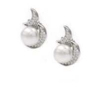 Orecchini Bottoncino Due Lune in Argento Sterling 925 con Zirconi Bianchi e Perla