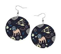 Orecchini carlino nello spazio Orecchini in pelle a forma rotonda con cane cartone animato Orecchini pendenti leggeri da donna e ragazza, perfetti da indossare tutti i giorni