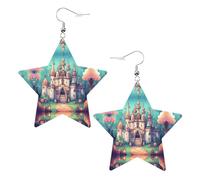 Orecchini classici in pelle a forma di stella con stampa castello, accessori leggeri ed eleganti per feste, balli e vita quotidiana.