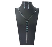 Orecchini Collana Lunga Cristalli Set Donna Elegante Brillante Argento Azzurro