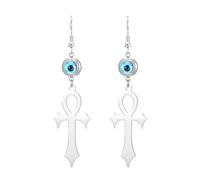 Orecchini con croce Ankh Chiave della vita Orecchini con occhio malvagio Cartiglio Africa Amuleto copto di protezione Gioielli religiosi dell'antico Egitto Regalo per donne (Argento)