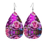 Orecchini con motivo rosa e farfalle rosa, orecchini in pelle da donna, adatti per feste e uso quotidiano
