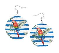 Orecchini con pappagallo rosso con strisce marine. Orecchini in pelle a forma rotonda con pappagallo blu. Gioielli pendenti leggeri da donna, perfetti da indossare tutti i giorni