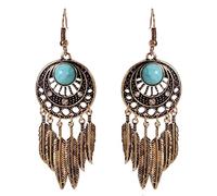 Orecchini con piume per donna, orecchini con nappe di piume turchesi boho per ragazze, orecchini pendenti a luna crescente ipoallergenici, orecchini pendenti bohémien foglia (Oro)