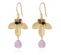 Orecchini con quarzo rosa e tormalina, pietre naturali per donna e ragazza, con foglie, placcati in oro 18 K, fatti a mano, regalo originale in scatola