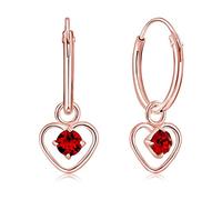 Orecchini Cuore Argento 925 Placcati Oro Rosa 18K e Brillantini di Cristallo Punto Luce Rossi 3 mm - Orecchini Cerchio Donna Oro Rosa Eleganti e Ipoallergenici - Diametro Cerchietto 14 mm