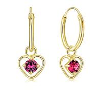 Orecchini Cuore Pendenti Argento 925 Placcati Oro 24K con Brillantini Rotondi di Cristallo Rosa - Cerchietti Orecchini Dorati Eleganti e Ipoallergenici - Diametro Cerchietto 12 mm