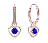 Orecchini Cuore Pendenti Argento 925 Placcati Oro Rosa 18K e Brillantini di Cristallo Punto Luce Blu 3 mm - Orecchini Cerchio Donna Oro Rosa Eleganti e Ipoallergenici - Diametro Cerchietto 14 mm