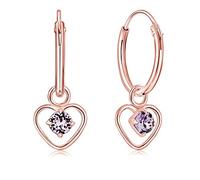 Orecchini Cuore Pendenti Argento 925 Placcati Oro Rosa 18K e Brillantini Punto Luce Viola 3 mm - Orecchini Cerchietti Donna Oro Rosa Eleganti e Ipoallergenici - Diametro Cerchietto 14 mm