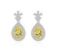 Orecchini da donna, a forma di chiodo in argento 925, con fiore giallo con una grande goccia d'acqua in zircone, 31 x 15 mm, per San Valentino, rame + argento 925, Zirconia cubica